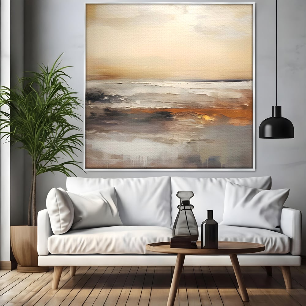 Tablou canvas cu pictura abstracta cu peisaj marin, in rama de aluminiu argintiu, pe perete intr-un living